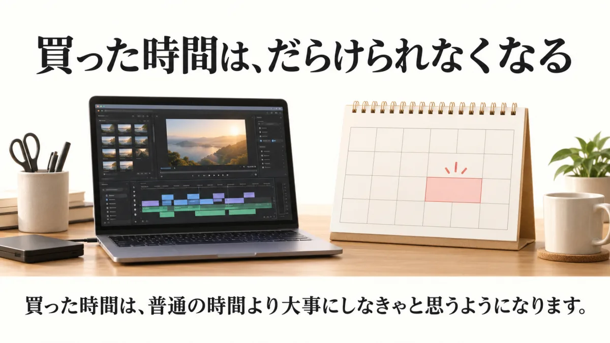 動画編集を人に任せて空けた時間をカレンダー上で大事に確保し、買った時間を普通の時間より大切に感じることを示した図