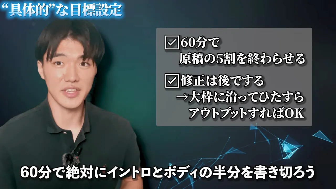 60分で原稿の5割を終わらせる、修正は後でする、という具体的な目標をチェックリストの形で書き出した動画の画面