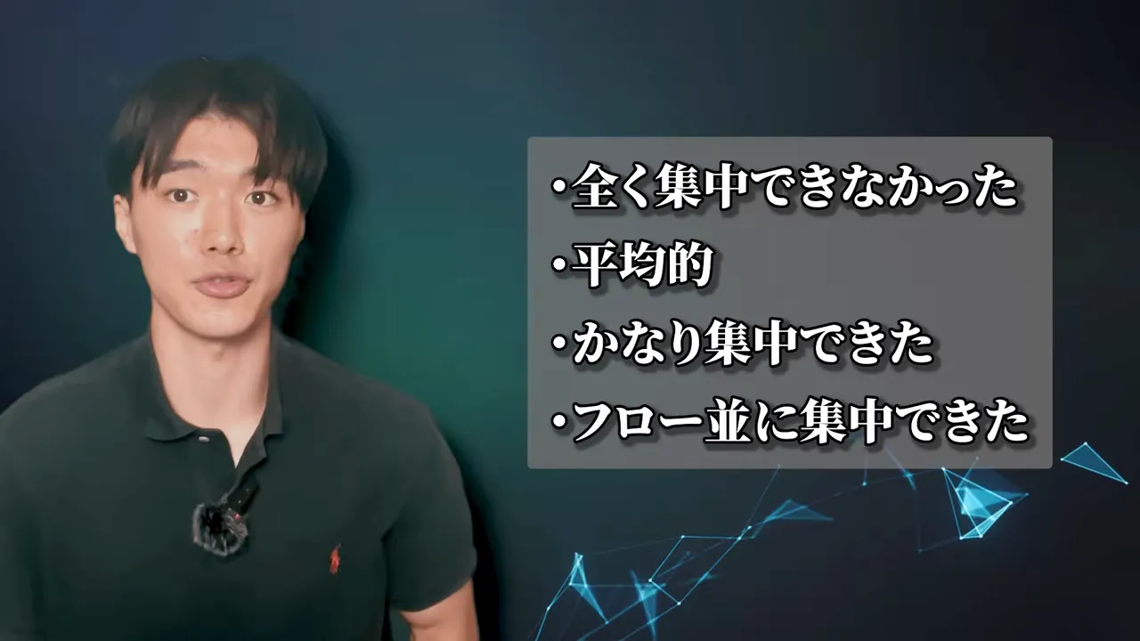 全く集中できなかった、平均的、かなり集中できた、フロー並に集中できた、という4段階を並べた動画の画面