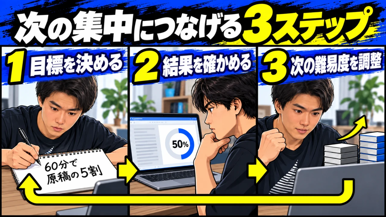 次の集中につなげる3ステップ。60分で原稿の5割などの目標を決め、結果を確かめ、自分のレベルに合わせて次の難易度を調整する