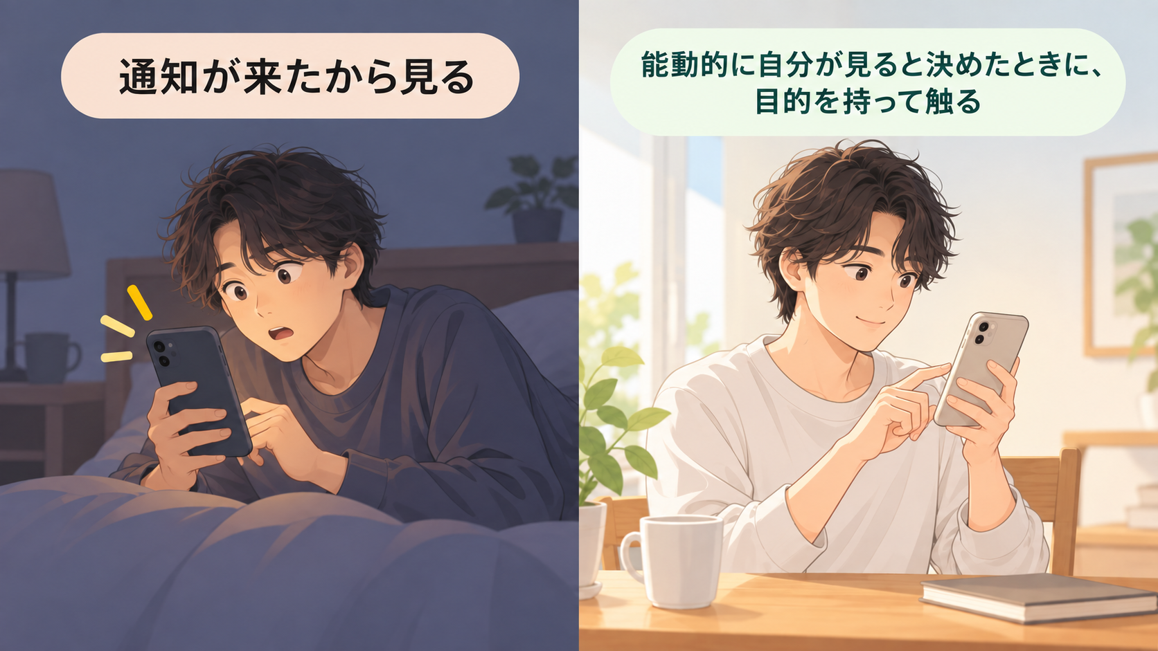 通知に反応してスマホを見る状態と、目的を決めて能動的にスマホを使う状態の対比