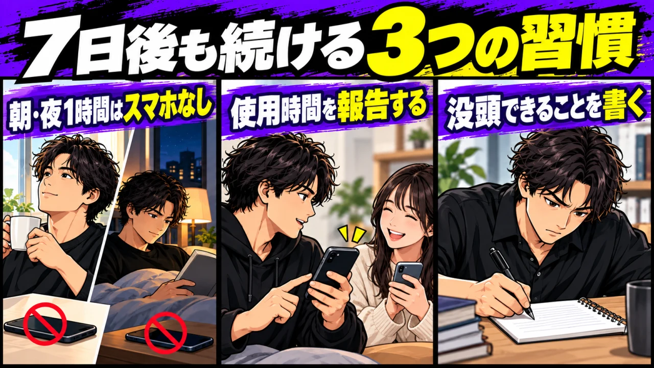 7日後も続ける3つの習慣。朝と夜の1時間はスマホから離れ、使用時間を報告し、リアルな世界で没頭できることを書き出す