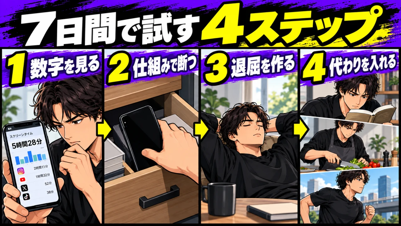 7日間で試す4ステップ。数字を見る、仕組みで断つ、退屈を作る、読書や料理や運動などの代わりを入れる