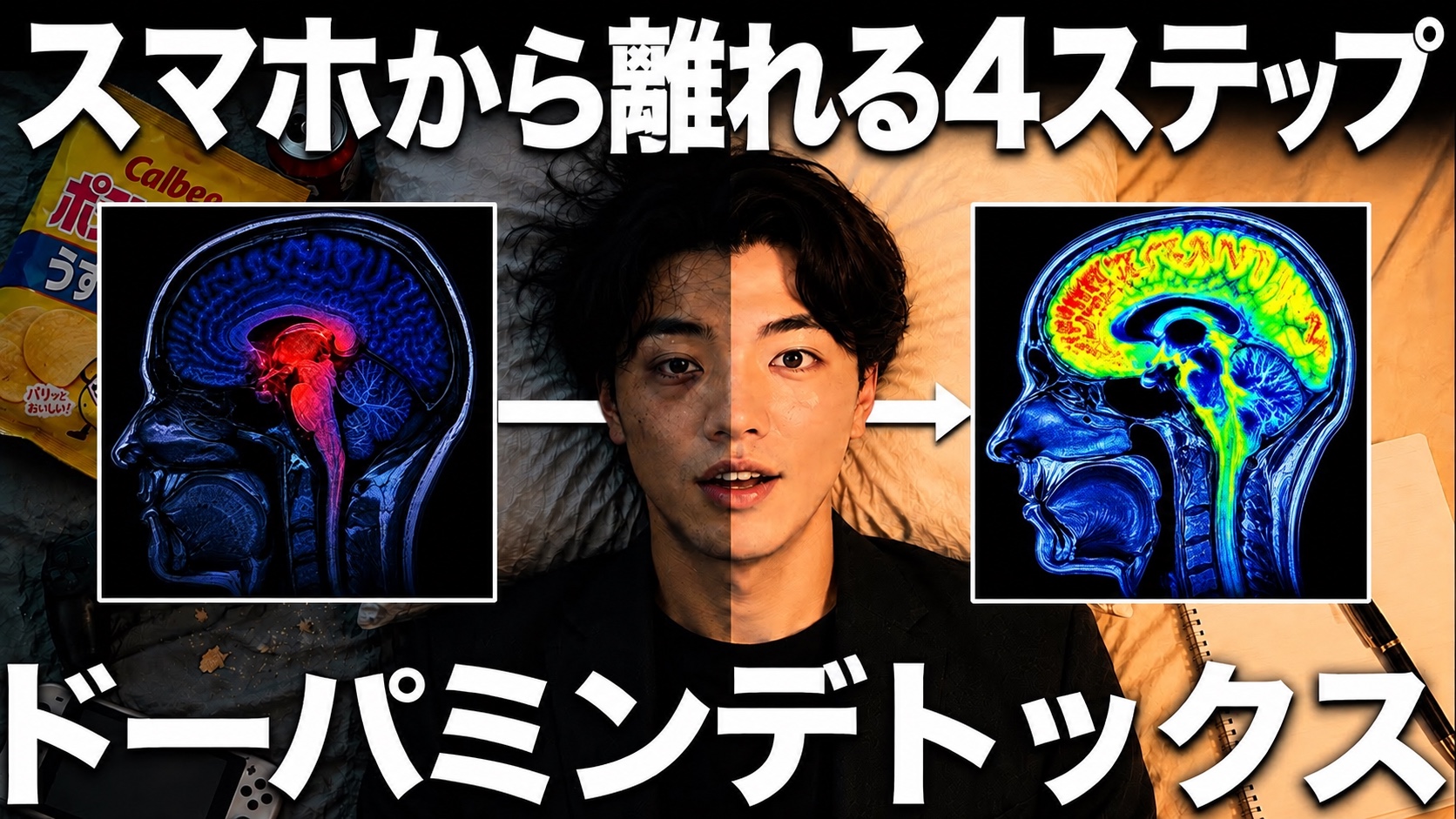 「スマホから離れる4ステップ ドーパミンデトックス」の文字。脳の断面図が落ち着いた色から鮮やかな色へ変わる図