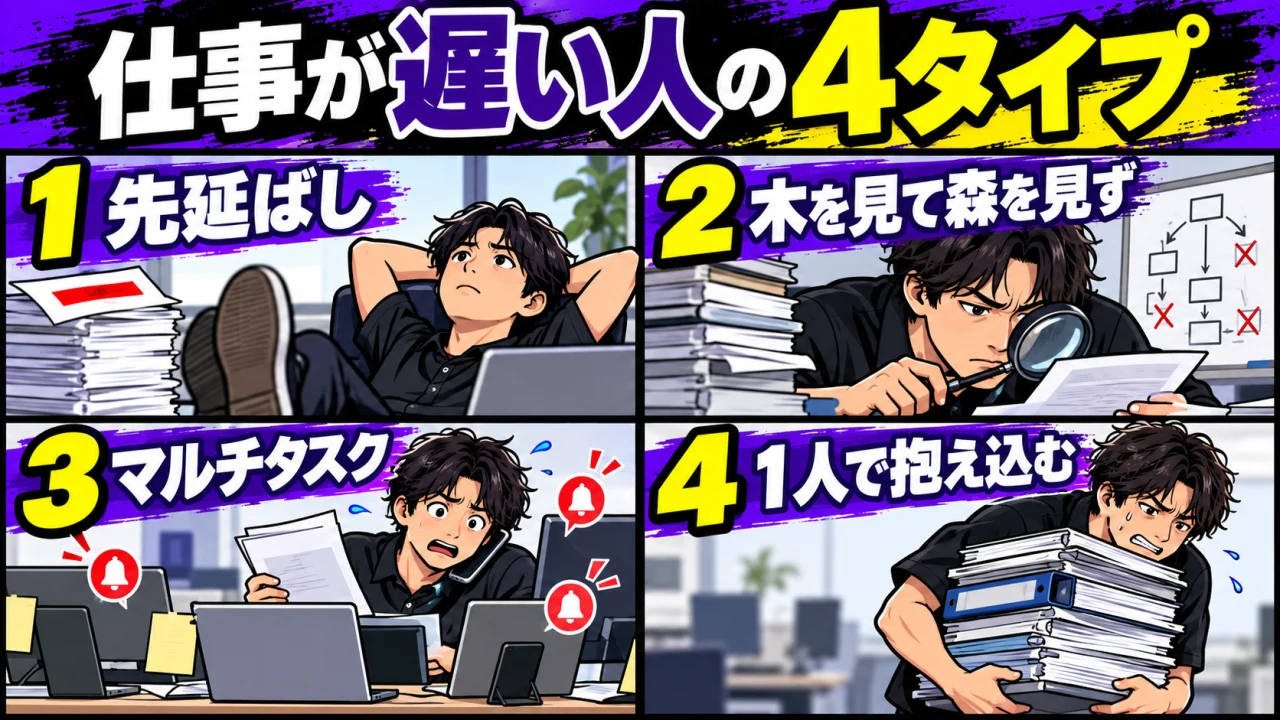 仕事が遅い人を、先延ばし、木を見て森を見ず、マルチタスク、1人で抱え込むの4タイプに分けた図解