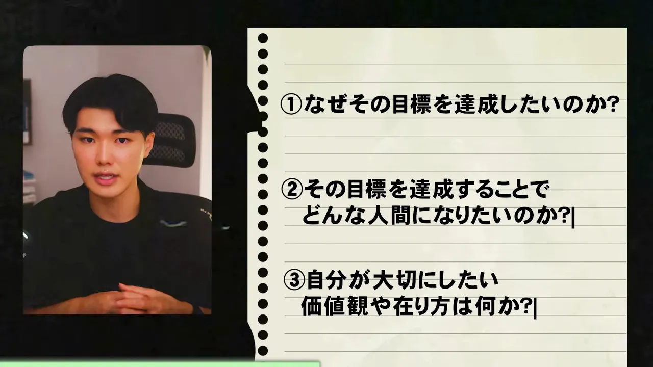 なぜその目標を達成したいのか、どんな人間になりたいのか、大切にしたい価値観やあり方は何か、の3つの質問を示した動画の画面
