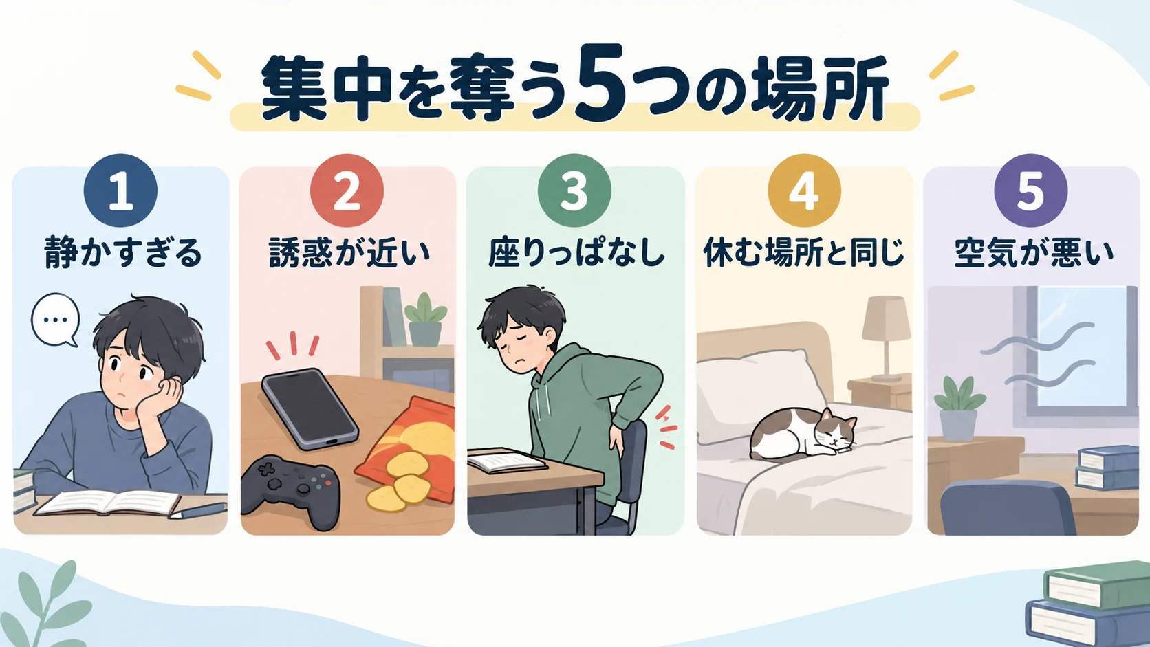 集中を奪う場所の5条件として、静かすぎる、誘惑が近い、座りっぱなし、休む場所と同じ、空気が悪いを並列に示した図