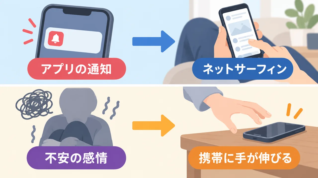 アプリの通知からネットサーフィン、不安の感情から携帯に手が伸びる、2つの別々のトリガーと行動の関係