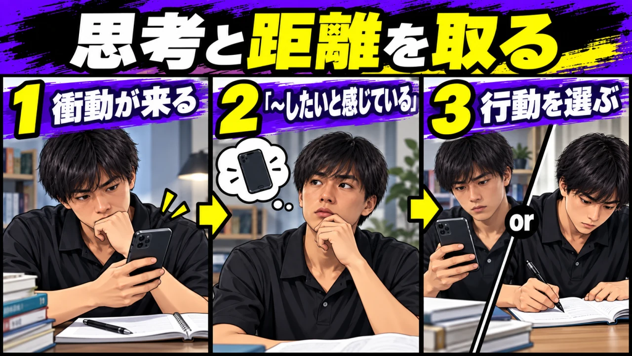 思考と距離を取る流れ。衝動が来たら、したいと感じていると自覚し、スマホを見るか勉強を続けるかという行動を選ぶ