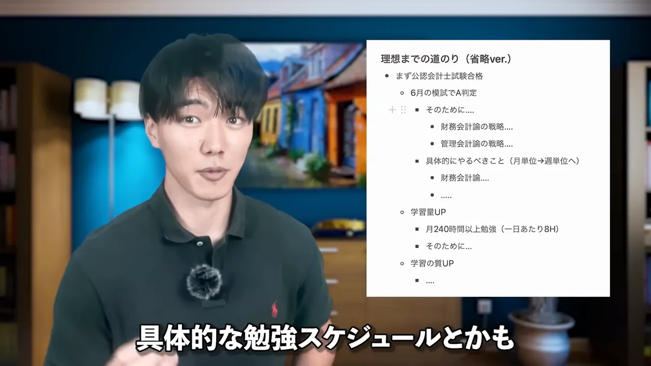 公認会計士試験の合格を理想像に置き、そこまでに必要な行動と勉強スケジュールを階層で書き出した実例の画面