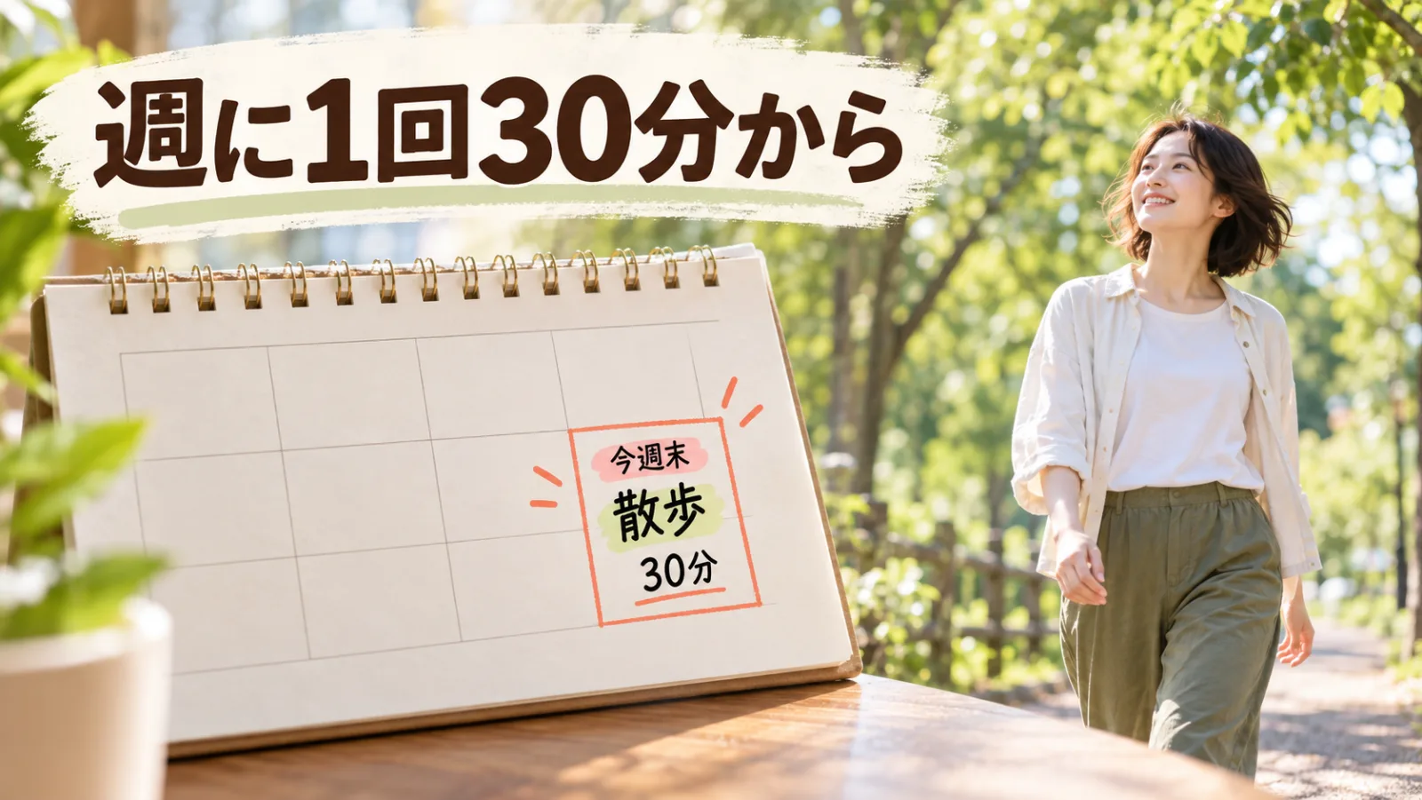 週に1回30分から始める例として、今週末の散歩30分を紙の予定表に入れ、緑の中を歩く人を描いた図