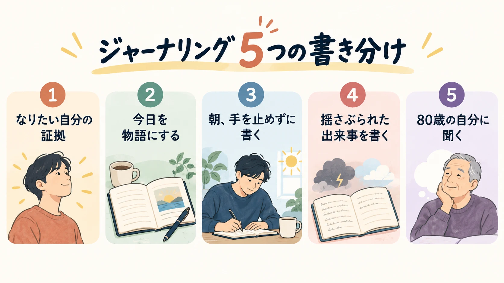 ジャーナリングの5つの書き分けとして、なりたい自分の証拠、今日の物語、朝の書き出し、揺さぶられた出来事、80歳の自分への問いを並列に示した図