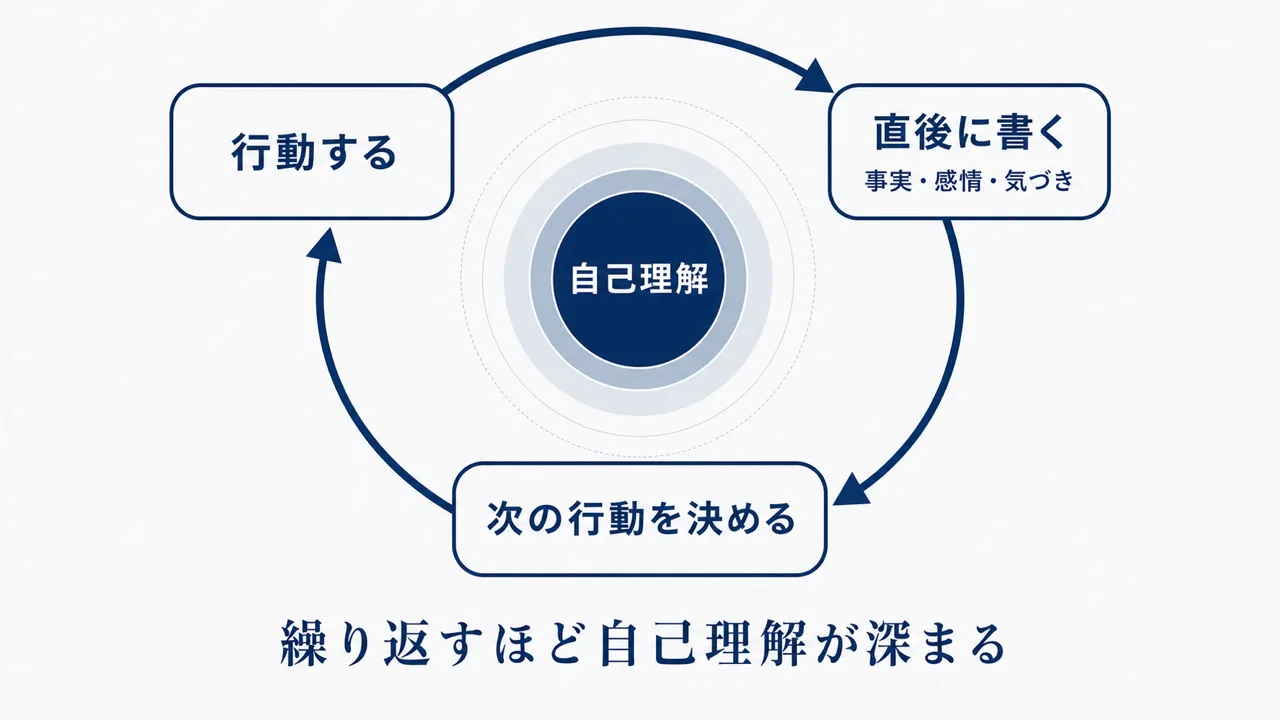 行動してジャーナリングで内省し、また行動するというループを示した図解