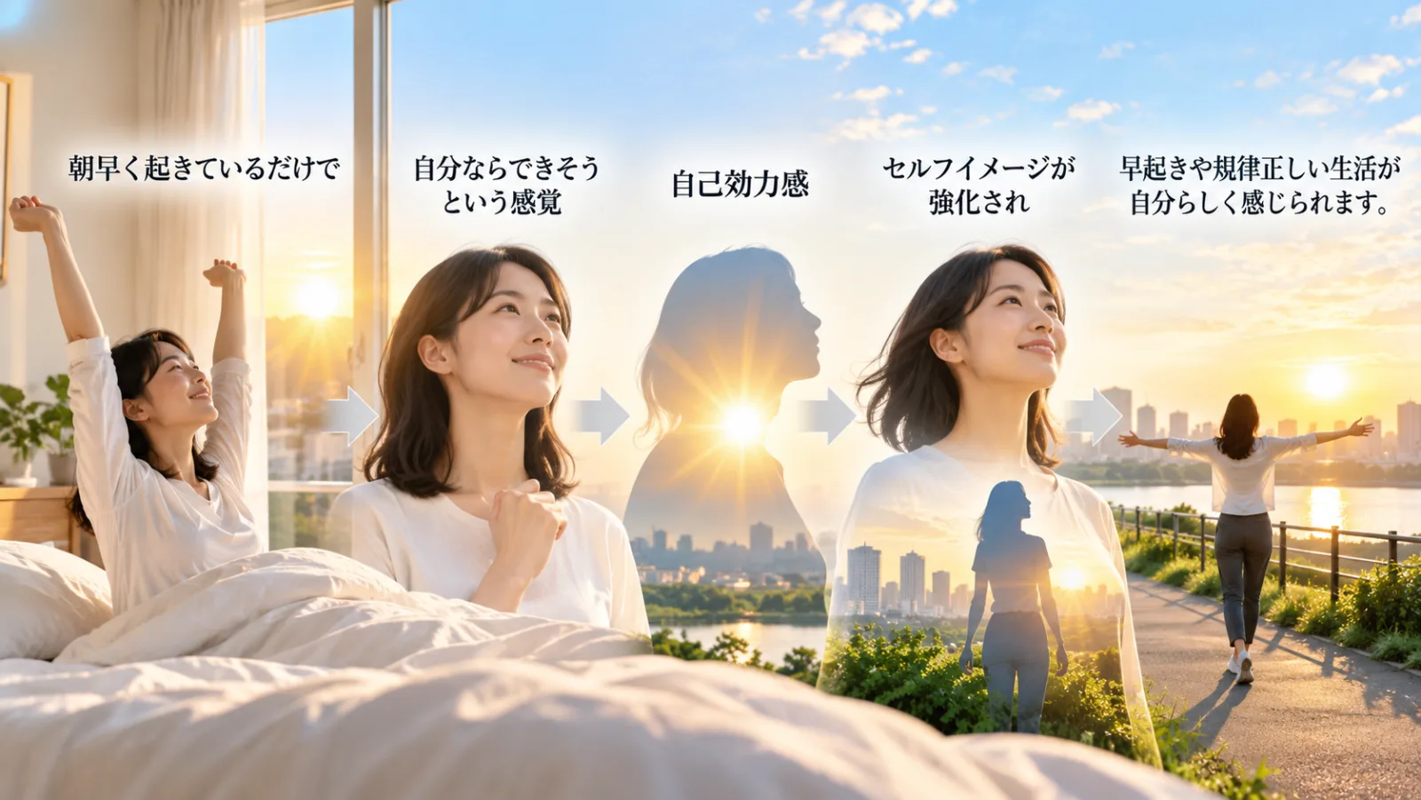 朝早く起きているだけで、自分ならできそうという感覚が育ち、自己効力感からセルフイメージが強化され、早起きや規律正しい生活が自分らしく感じられるようになる流れを、朝の光の中の人物で描いた図