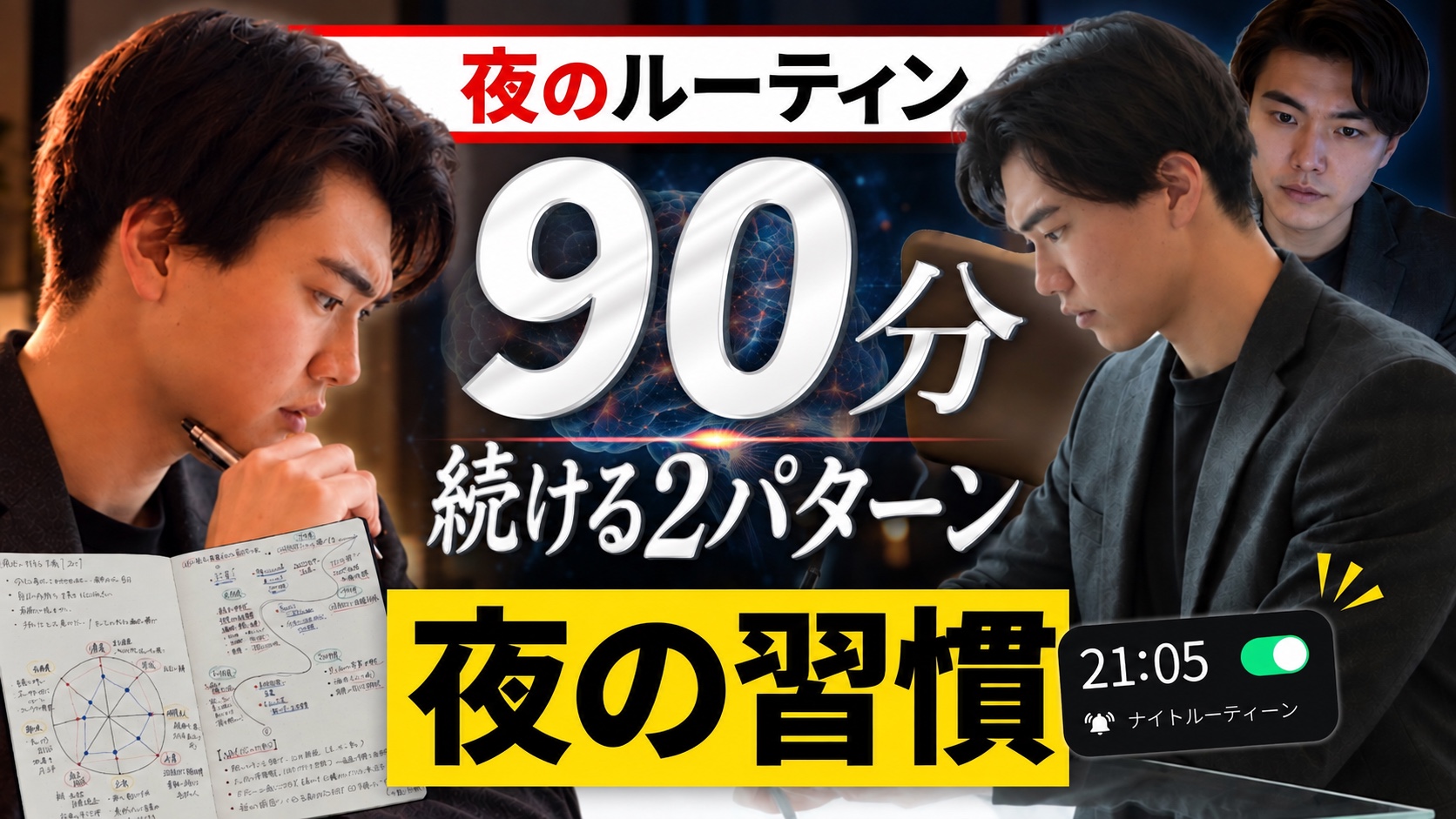 「夜のルーティン 90分 続ける2パターン 夜の習慣」の文字。夜にノートを書くRyu