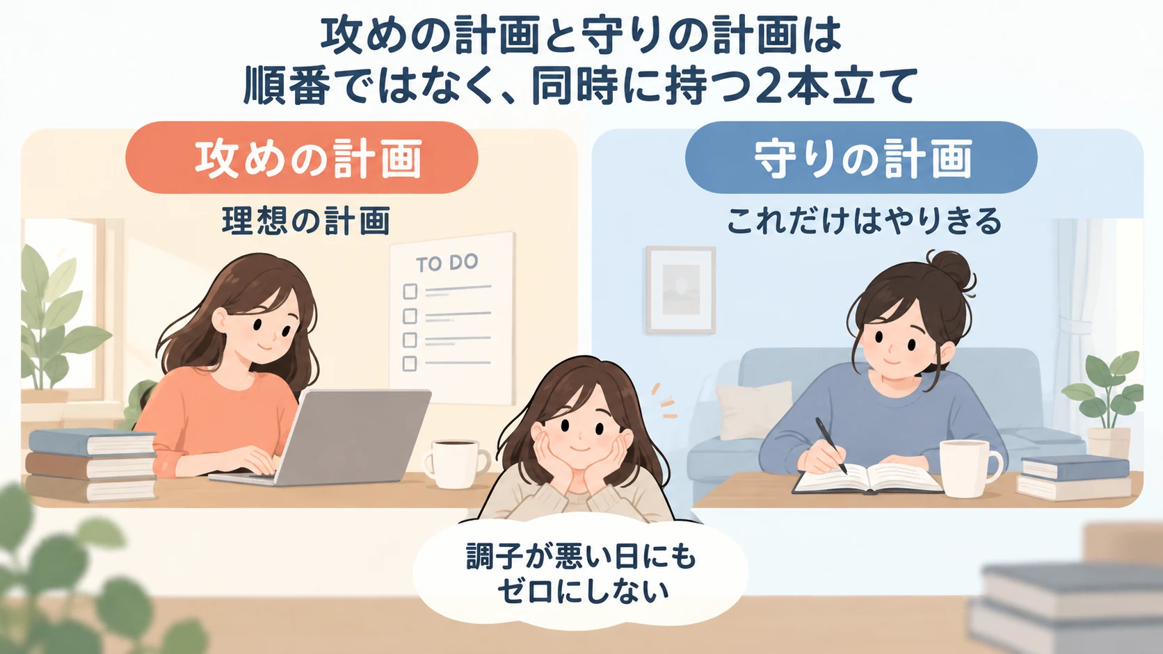 やる気が高い日の攻めの計画と、調子が悪い日の守りの計画を並べた図解