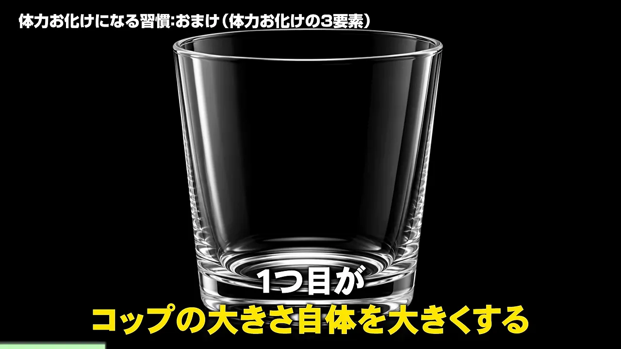 空のコップの画像に「1つ目がコップの大きさ自体を大きくする」と書かれた動画の画面