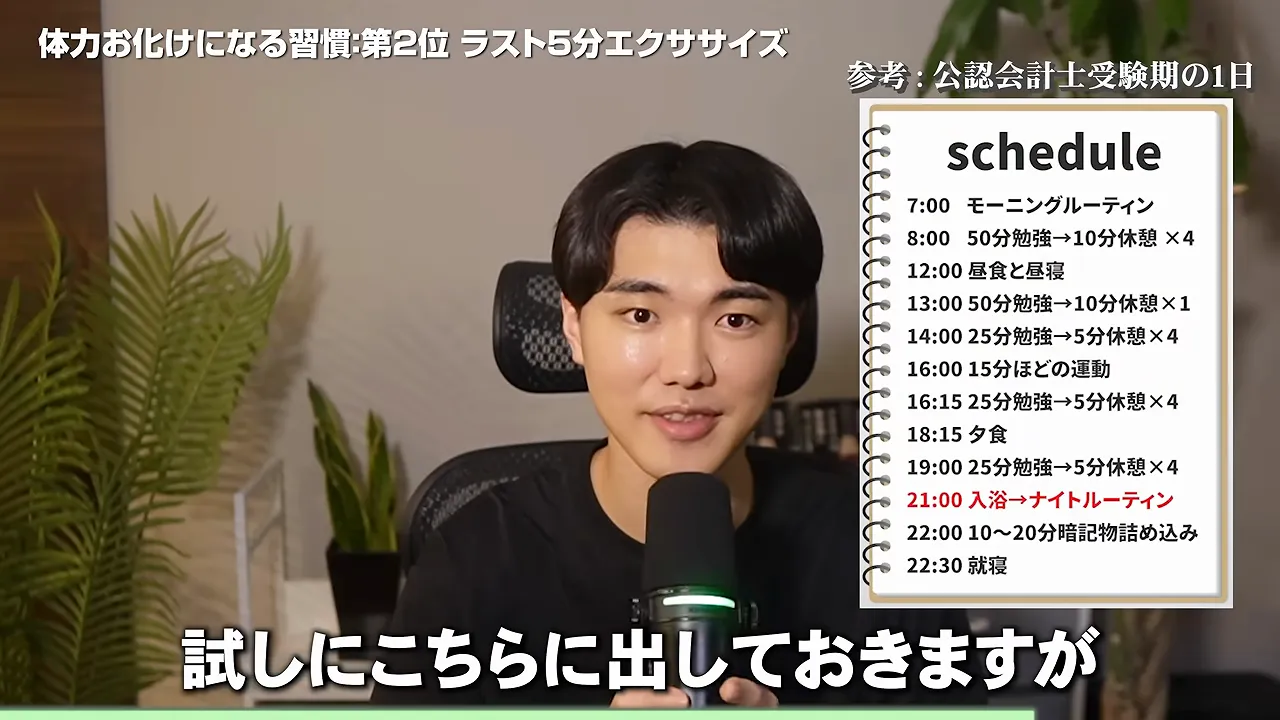 7時起床から22時30分就寝まで、50分勉強と10分休憩を繰り返す形で組まれた1日のタイムスケジュール