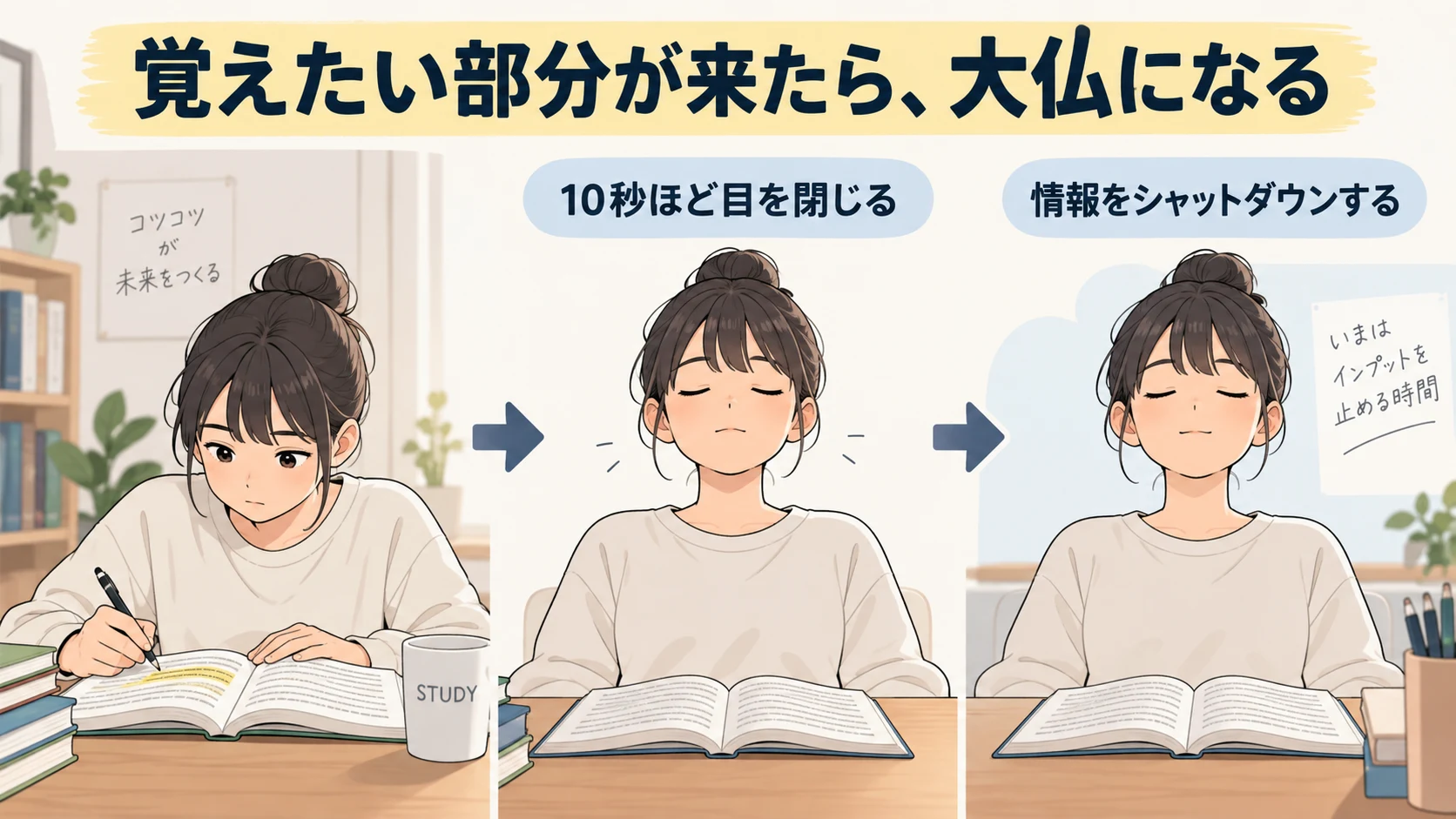 覚えたい部分で読むのを止め、目を閉じて10秒休んでから再開する流れを示した図解
