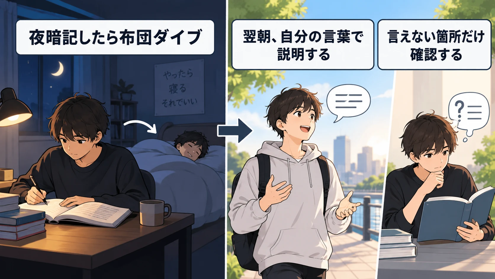 夜に覚え、眠り、翌朝に歩きながら説明する勉強の流れを示した図解