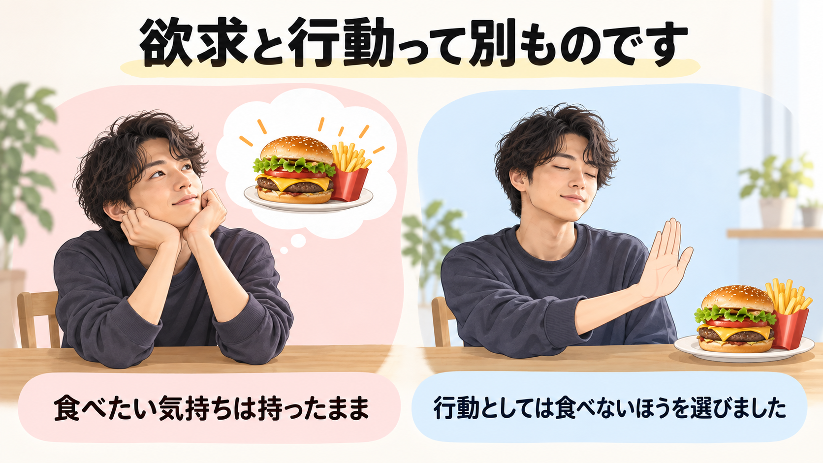 食べたい気持ちは持ったまま、行動としては食べないほうを選ぶという欲求と行動の違い