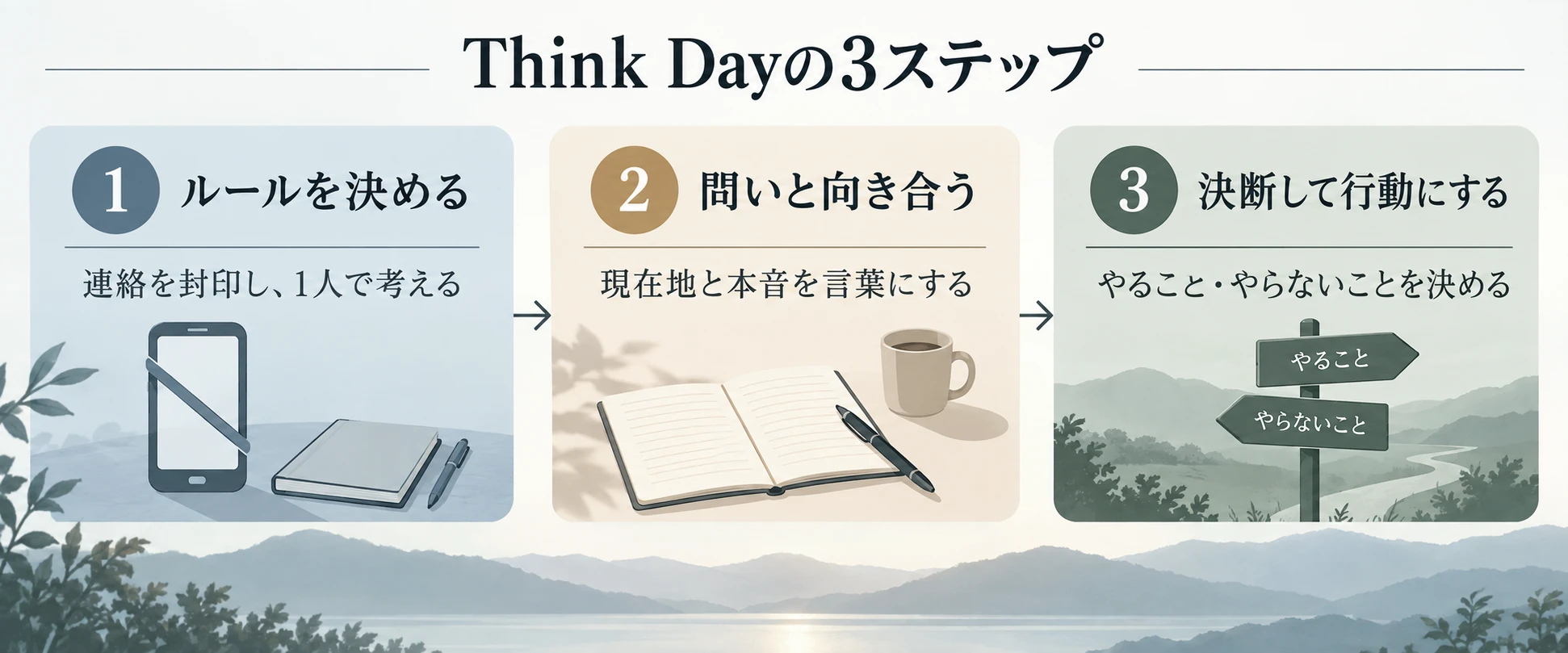 Think Dayの3ステップとして、ルールを決める、問いと向き合う、決断して行動にする、を順番に示した図
