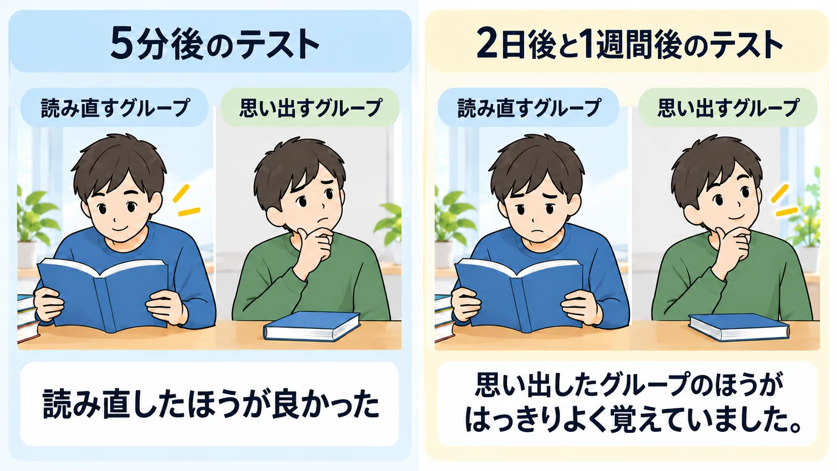 文章を読み直す場合と自分で思い出す場合の比較。5分後のテストは読み直したほうが良く、2日後と1週間後は思い出したグループのほうがよく覚えていた