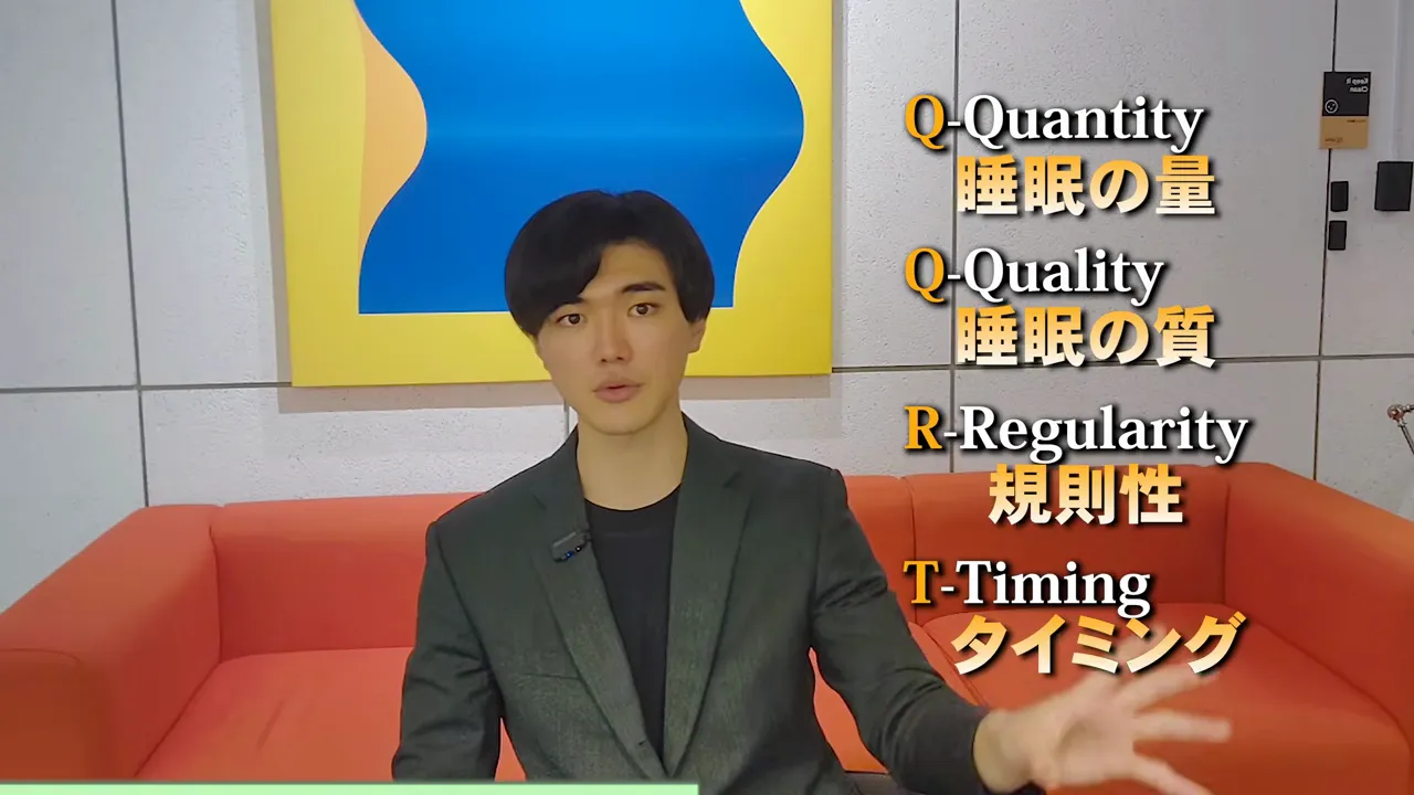 Q-Quantity 睡眠の量、Q-Quality 睡眠の質、R-Regularity 規則性、T-Timing タイミングの4つが並ぶ画面の前で話すRyu