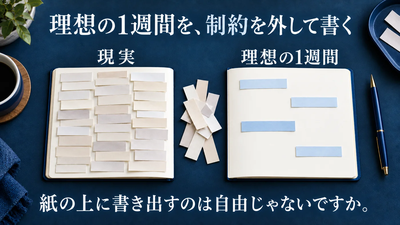 予定で埋まった現実の1週間と、白紙から選んだ理想の1週間を並べて差を示す図