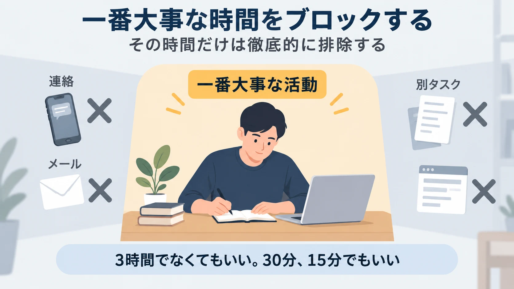 ブロックした時間には一番大事な活動だけを入れ、連絡や別の作業を排除する図解