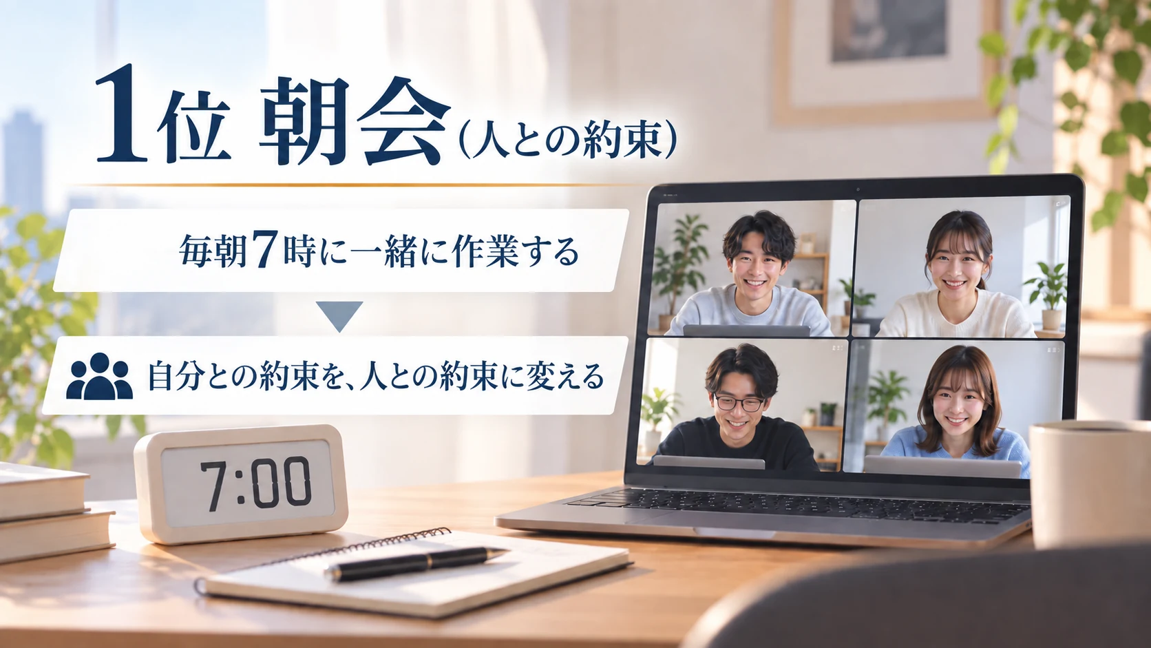 1位の朝会。毎朝7時に仲間とオンラインで作業する約束をし、自分との約束を人との約束に変えるイメージ。